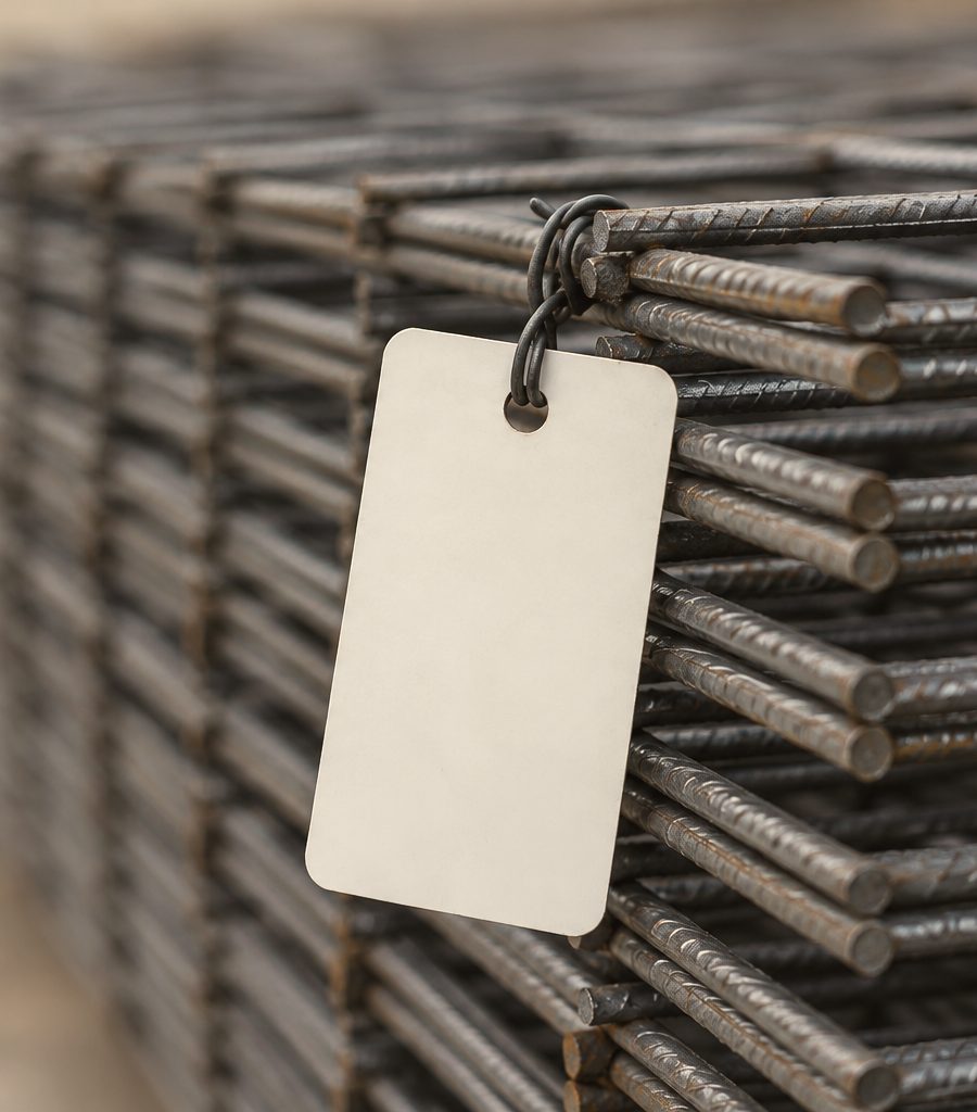 A tag tied to a bundle of mesh sheets, printed with its block, level and location