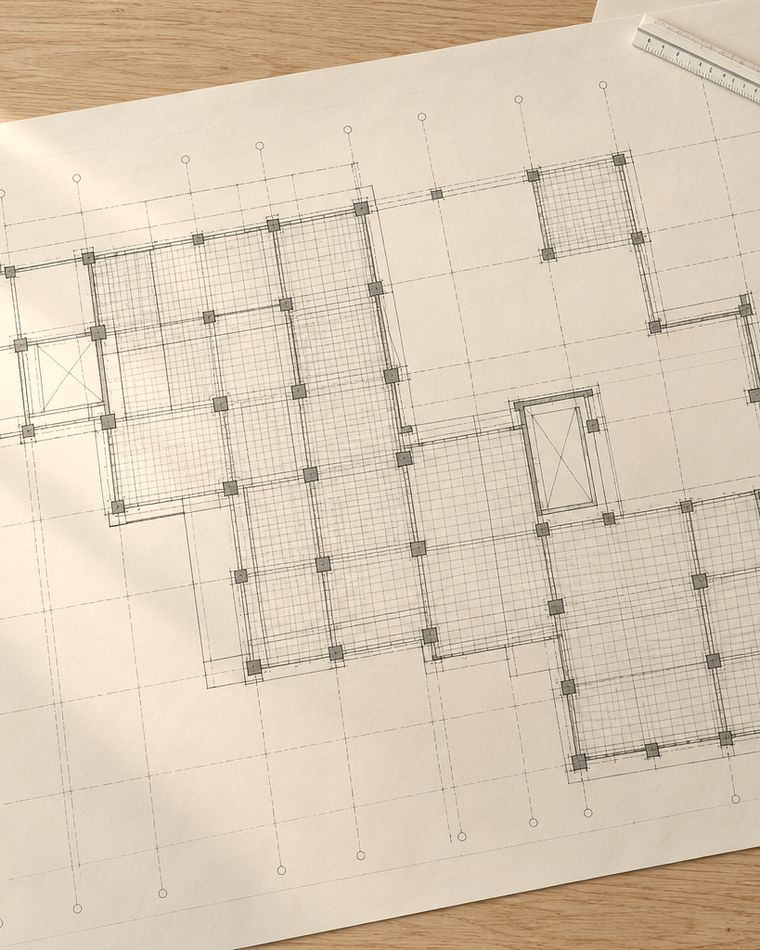 Structural drawings of a floor slab on a table with a scale rule