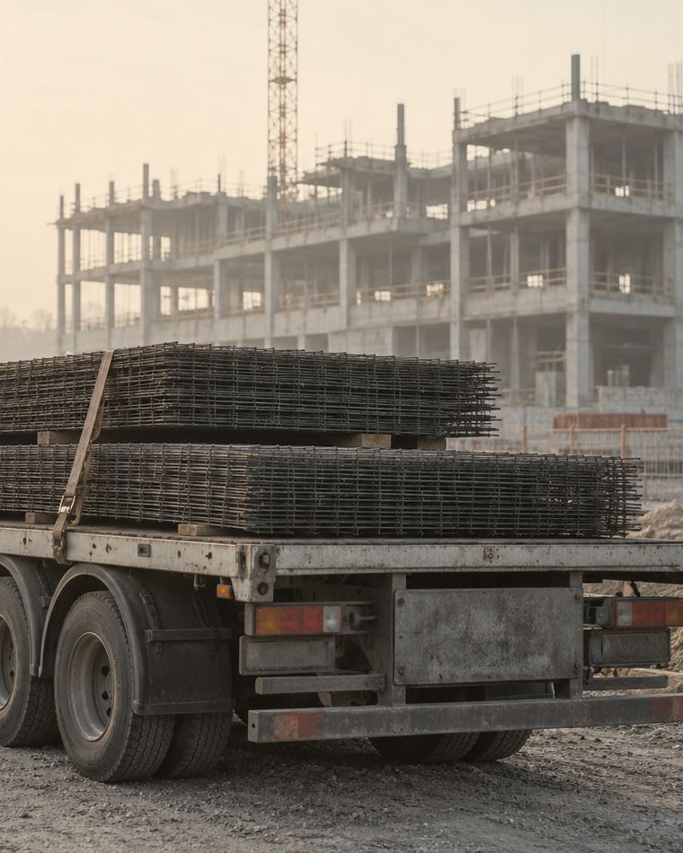 A flatbed lorry loaded with flat mesh sheets at a building site