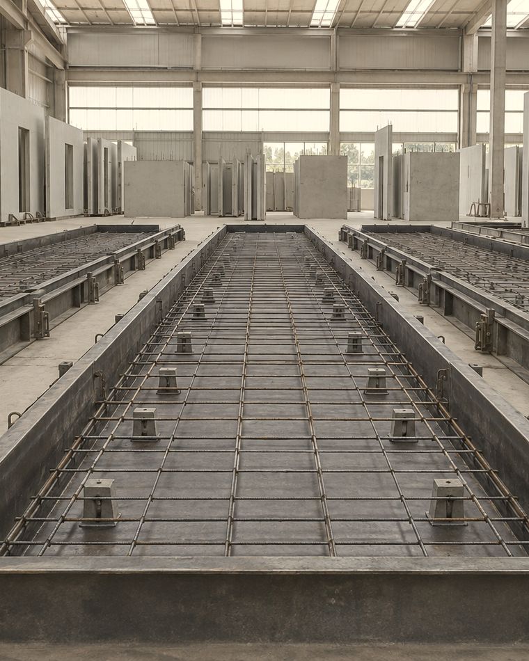 Mesh sheets laid in steel moulds in a precast factory