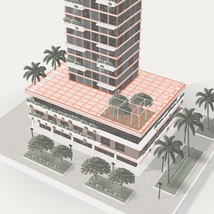 The podium slab of a building with its mesh layout drawn over it