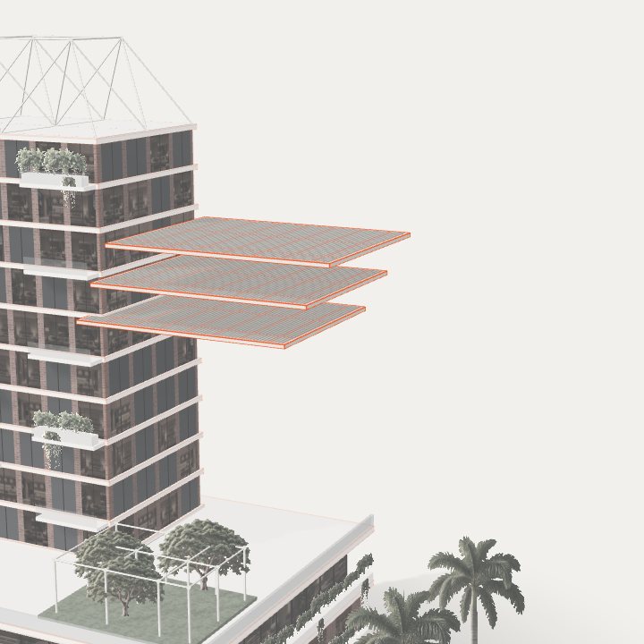 Three floors of a tower, each carrying its tagged mesh sheets